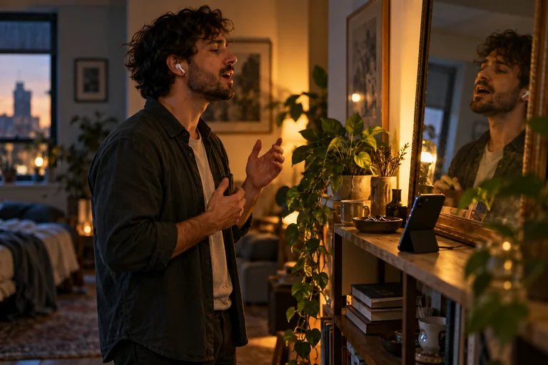 A singer wearing earbuds while practicing in front of a mirror.